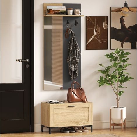 REDOM - Guardaroba da ingresso, 60x13.5x127.5 cm, specchio, panca porta scarpe, ripiano aperto, MDF legno naturale grigio (1/5)