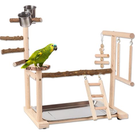 Support de Perroquet - Aire de Jeux pour Oiseaux en Bois avec Échelle, , Mangeoire, Plateau et Jouets de Gymnastique Perchoir pour Oiseaux de Petite à Moyenne Taille (1/4)