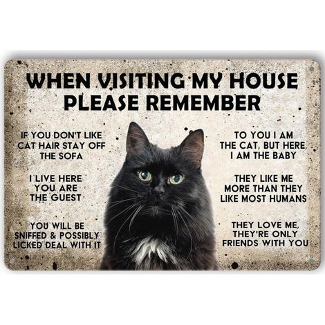 Plaque Métallique à Chat "Lors de votre visite chez moi, veuillez vous rappeler", Plaque de Fer Vintagée, Décoration Murale à Chat, Affiche Drôle, Plaques à Chat Noir, Décoration de Maison 20x30 Cm (1/5)