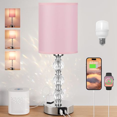 Lámparas de noche Pink Touch para dormitorios: lámpara de mesa de cristal con puerto de carga USB C+A y toma de CA, lámpara de mesa plateada con 3 niveles de intensidad regulable para sala de estar, c