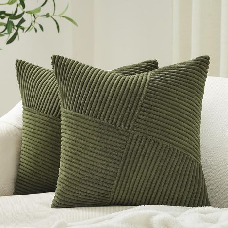 Lot de 2 housses de coussin décoratives vert olive 45 x 45 cm pour canapé-lit Boho Home Decor doux velours côtelé patchwork motif à rayures moulin à vent texturé (1/4)