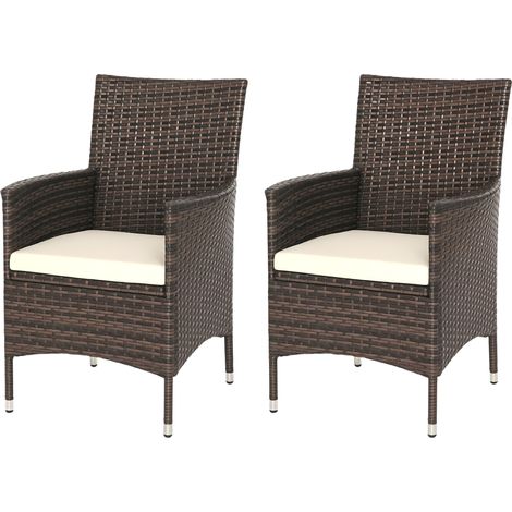 Outsunny 2 Pieces Outdoor PE Rattan Dining Chairs Set with Cushion, Garden Armchair with Armrests, High Backrest, Metal Frame Patio Wicker Furniture, Mixed Brown