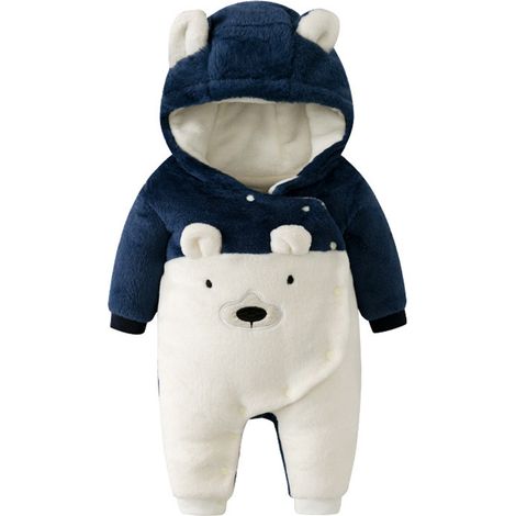 1 pièce Grenouillère d'hiver en flanelle, motif ours, capuche et poignets coupe-vent, pour bébés filles et garçons (1/5)