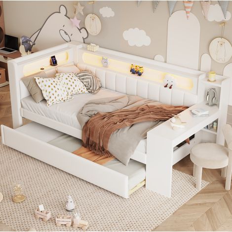Cama de día (237x103.5x93.5 cm), con cama nido, escritorio integrado, LED, USB, MDF y contrachapado, blanco (1/5)