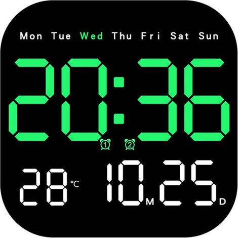 Reloj de pared LED multifuncional con mando a distancia,función de cuenta atrás e indicador de temperatura,color verde (pilas no incluidas) (1/5)
