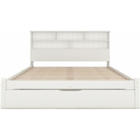 Lit double 140 x 200 cm blanc avec tiroirs et tête de lit bibliothèque en pin et MDF (1/5)