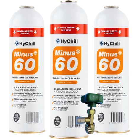 Pack 3 Minus 60 350g  Sustituto Orgánico R410A R32  Incluye Llave de Servicio  Gas Ecológico para Climatización