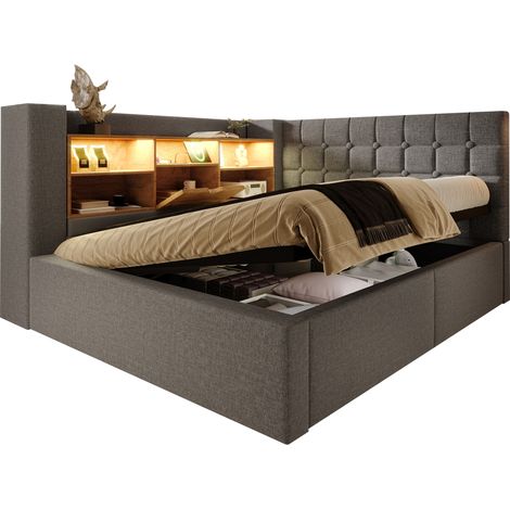 CHICFURN Lit coffre 140x190 cm avec LED, tête de lit L réversible, ports USB-A/USB-C, rangement hydraulique, cadre en métal, tissu gris, sans matelas (1/5)