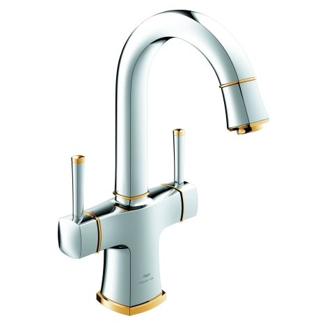 GROHE Zweigriff-Waschtischbatterie Grandera 20666, L-Size, Einlochmontage, Zugstangen-Ablaufgarnitur 1 1/4'', chrom/gold (1/3)