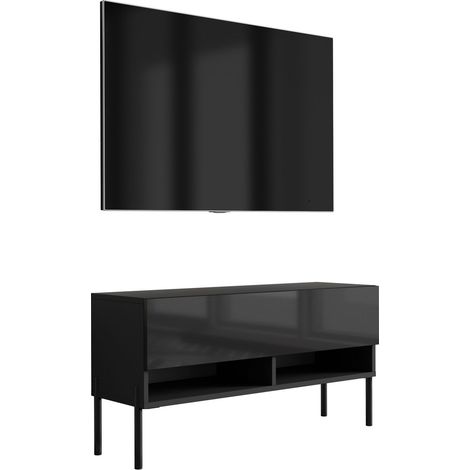 Mobile TV con gambe 100 cm, 1 anta, Nero Opaco / Nero Lucido, gambe dritte nere, 100 x 32 x 52 cm (1/5)