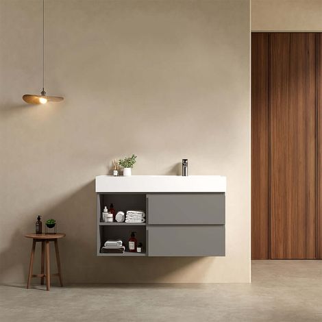 Mobile bagno sospeso 100 cm Grigio Londra Lavabo a Destra in Resina Senza Specchio - Fiji Paint Plus (1/4)