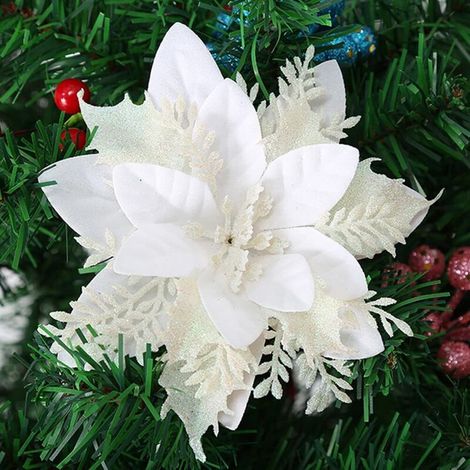Lot de 12 poinsettias artificiels (étoiles de Noël) à paillettes, 15 cm (blancs), pour la décoration du sapin de Noël (1/3)