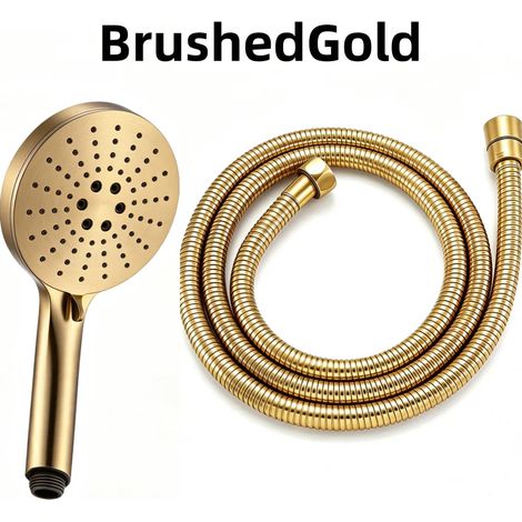 (Lot de 2, finition or brossé) Pommeau de douche haute pression en ABS or brossé avec flexible en acier inoxydable de 1,5 m, accessoire de support de douche et économie d'eau (1/5)
