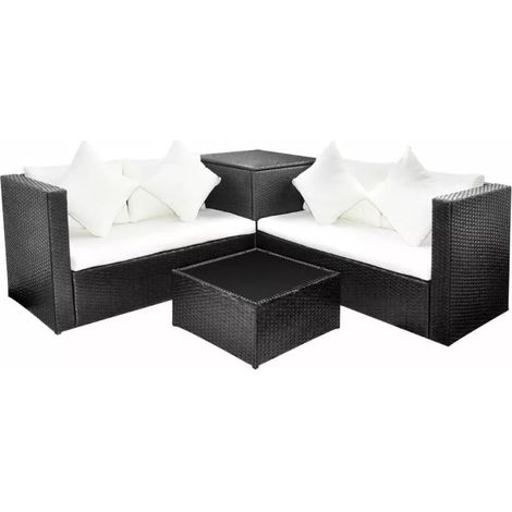 Salon de jardin 4 pièces résine tressée noir et coussins blanc Kim (1/5)