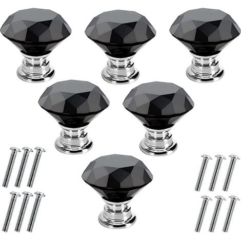 Lot de 6 boutons de tiroir en cristal - 30 mm - Pour armoire, tiroir, cuisine - Noir (1/5)