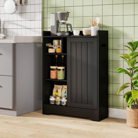 Meuble de salle de bain noir fin avec 2 portes coulissantes, porte-papier toilette et étagères réglables pour WC et petits espaces (1/5)