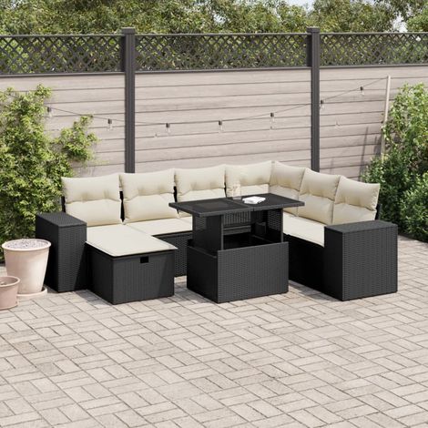 Ensemble Jardin 8 Places Noir Résine Tressée avec Table Verre Trempé et Coussins Crème - Salon Extérieur Modulaire (1/5)