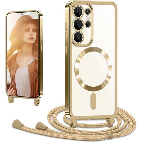 Coque avec Cordon pour Samsung Galaxy S24 Ultra, Coque Magnétique de Cellulaire Corde Transparent TPU Étui en Galvanisé avec Réglable Collier Chaîne Lanyard Housse pour S24 Ultra 5G, Or (1/5)