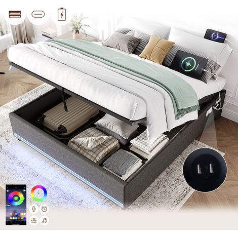 5ft King Hydraulic Storage Bed, No Headboard Linen Bed Frame with APP Control LED Lights, Side Charging Station, Side Pockets, Grey (No Mattress)