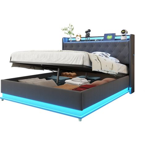 Lit coffre 140x200 LED en tissu gris avec port USB, sommier à lattes en métal et rangement hydraulique, tête de lit rembourrée pour chambre CHICFURN (1/5)