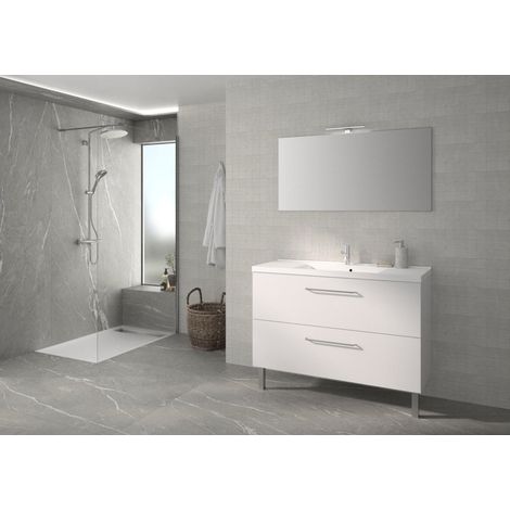 Carea Cuisine & Bain – Plan vasque LUNEA 120 cm – Minéral composite blanc – Percé pour robinetterie – Meuble 2 tiroirs avec amortisseurs – Livré avec miroir LED