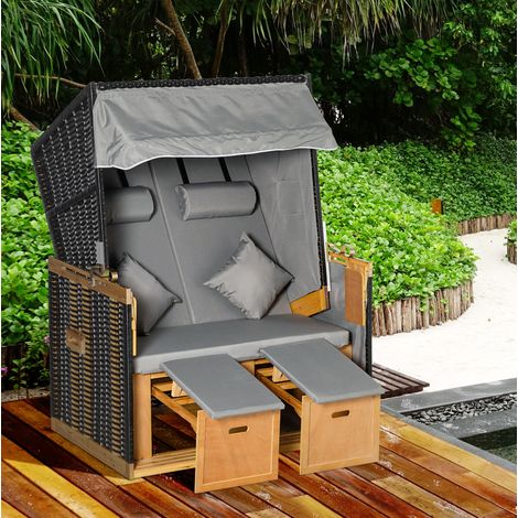 Strandkorb 118/79/160 cm gris clair en bois avec dossier réglable et repose-pieds (1/4)