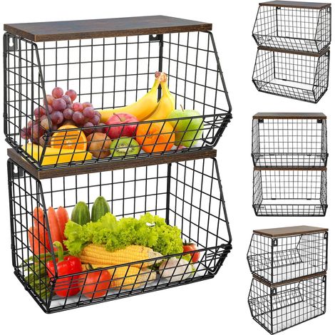 Corbeille a Fruit, Panier a Fruit de Mural, Empilable et Montable au Mur avec Couvercle en Bois und Crochets pour Fruit Basket, Corbeille en Métal pour Ranger Les Fruits et Les Légumes (1/5)