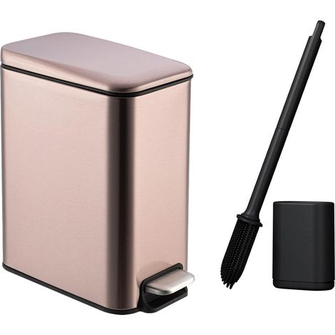 Poubelles de Salle de Bain 5L avec brosse WC, Petite Poubelle à Pédale en Acier Or Rose, Corbeille de Cuisine Fine, Poubelle avec Couvercle et Seau Intérieur, pour Espace étroit (1/5)