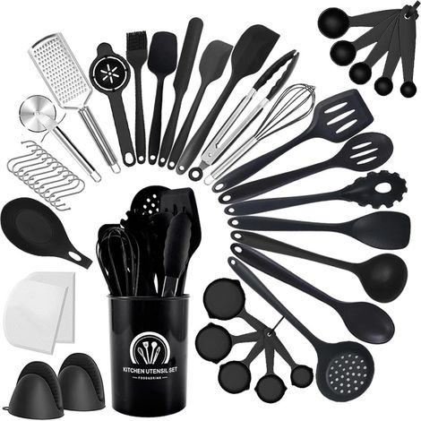 43 Pièces Ustensiles De Cuisine Silicone, sans BPA, Set Ustensile Cuisine, Antiadhésive Anti-Rayures Cuisine Accessoires, with Storage Bucket, Passe au lave-vaisselle - Noir (1/5)