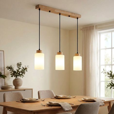 LED Hängeleuchte Pendelleuchte Wohnzimmerlampe 3-flammig Braun Holz Glas H 120cm (1/5)
