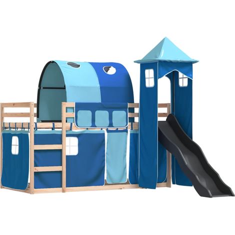 vidaXL Letto a Castello con Scivolo e Tende Blu 80x200 cm (1/4)