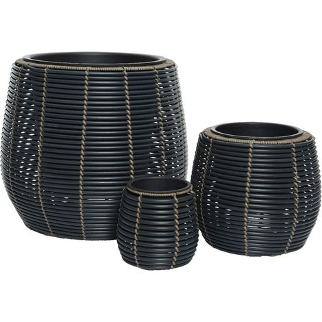 Lot de 3 cache-pots en polyrotin anthracite rond - Jardideco (1/3)