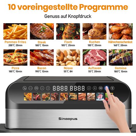 Friteuse à air chaud 10L double compartiment, double cuve contrôle indépendant, rappel retournement, 10 programmes, pour famille, capacité 10L, double chambre, coloris noir (1/5)