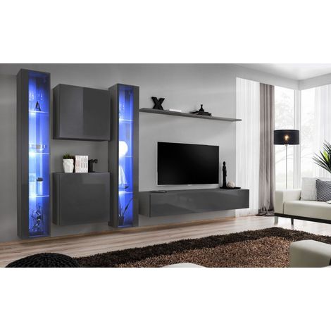 Ensemble mural - Switch XVI - 2 vitrines LED - 2 vitrines carrées - 1 banc TV - 1 étagère - Graphite - Livraison gratuite