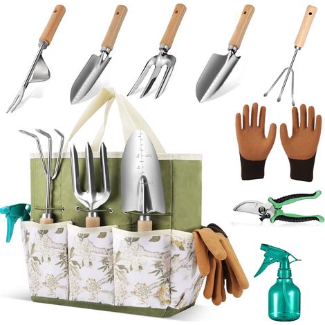 Ensemble de 9 outils de jardinage robustes en acier inoxydable avec sac de transport, cadeau pour femme (1/5)