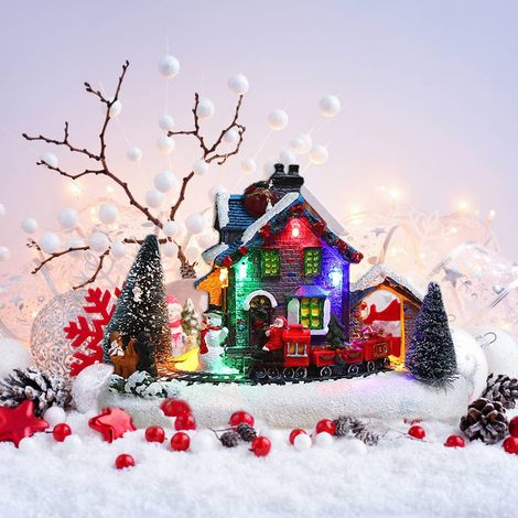 Maison de village de Noël avec lumière LED, figurine de collection en résine représentant une scène de Noël, décoration et cadeau. (1/5)