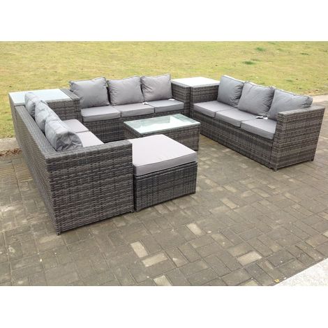 Fimous Rattan Garden Furniture Set Corner Sofa Coffee Table Lounge 10 Seater Outdoor Conservatory