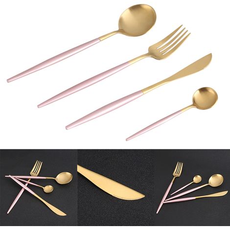 4-teiliges Edelstahl-Besteckset, farbig, Löffel, Gabel, Messer, Essgeschirr für den Hausgebrauch, Rosa + Gold (1/5)