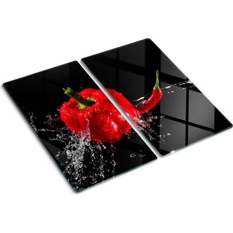 Planche de cuisine, couvre plaque, verre planche découper, verre trempé – 2 x 30 x 52 cm - Poivron rouge (1/5)