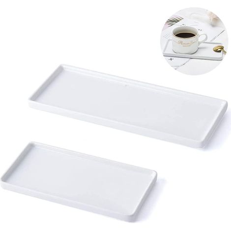 Plateau de Rangement Salle de Bain - Porcelaine Blanche - Rectangulaire - Antidérapant - Pour Serviettes Mouchoirs Bijoux Bougies - 2 Pièces (1/5)