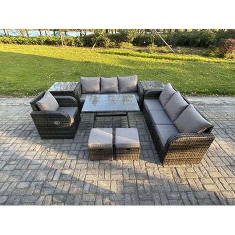 Fimous 8 Pièces Ensemble de meubles de jardin en polyrotin avec Table à manger rectangulaire Fauteuil 2 Petits tabourets 2 Tables d'appoint Gris foncé mixte (1/5)