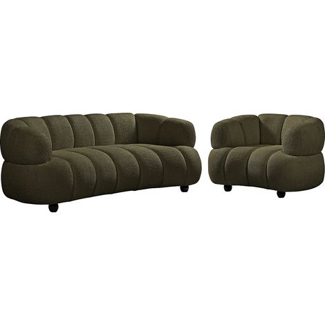 Canapé 3 places et un fauteuil en tissu bouclette vert COLIANI (1/5)