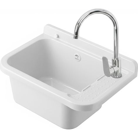 Lavatoio in resina 50x34 bianco con miscelatore a canna alta inox e scarico incluso