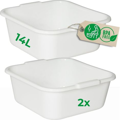 Novaliv Lot de 2 bassines à vaisselle carrées 14 L, 38 x 38 cm, blanches, sans BPA, compatibles lave-vaisselle, idéales pour la cuisine et le