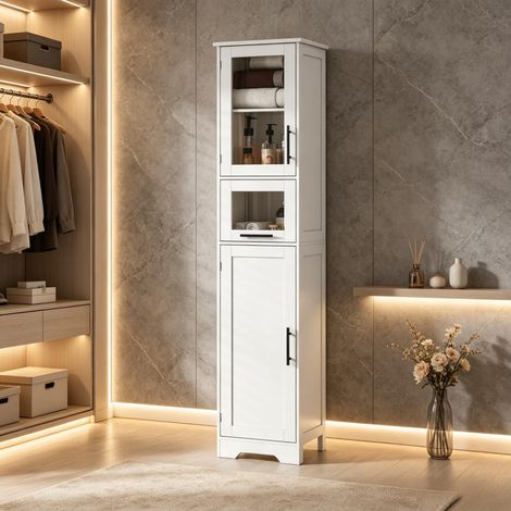 Mueble de baño tipo columna, armario alto independiente con 1 cajón, 2 puertas y estantes ajustables. (1/5)