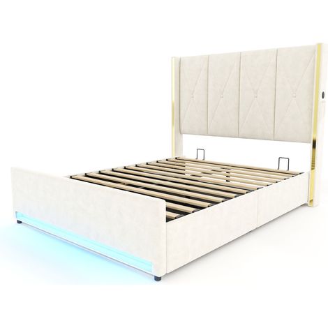 Lit en velours avec tête de lit haute, rembourrée et capitonnée, poches latérales, USB & LED, système de levage hydraulique et grand espace de rangement sous le lit – allie design, confort et praticit (1/5)