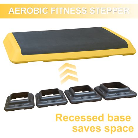 Plateforme step aérobique 110 cm, hauteur ajustable, 4 cales incluses, parfaite pour fitness cardio à la maison (Jaune) (1/4)