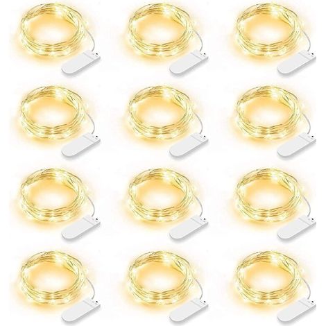 12 Pack LED String Lights, 2m 20 LEDs Battery Operated Fairy Lights String Lights IP65 Waterproof LED Decoration for Bedroom Christmas Wedding Party Garden, Warm White (Warm White)