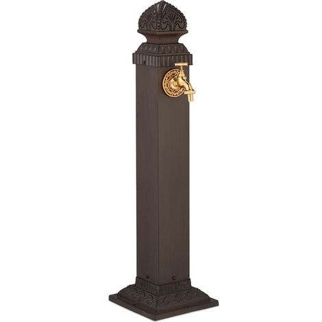 Relaxdays Fontana da Giardino in Stile Antico, Fontanella a Colonna con Rubinetto Esterno, HLP: 81x21x24,5 cm, Marrone