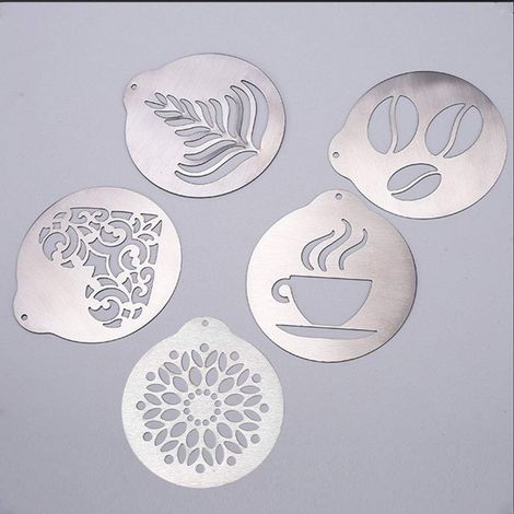 Lot de 5 pochoirs à café en acier inoxydable pour décoration de café, barista, cappuccino (1/5)